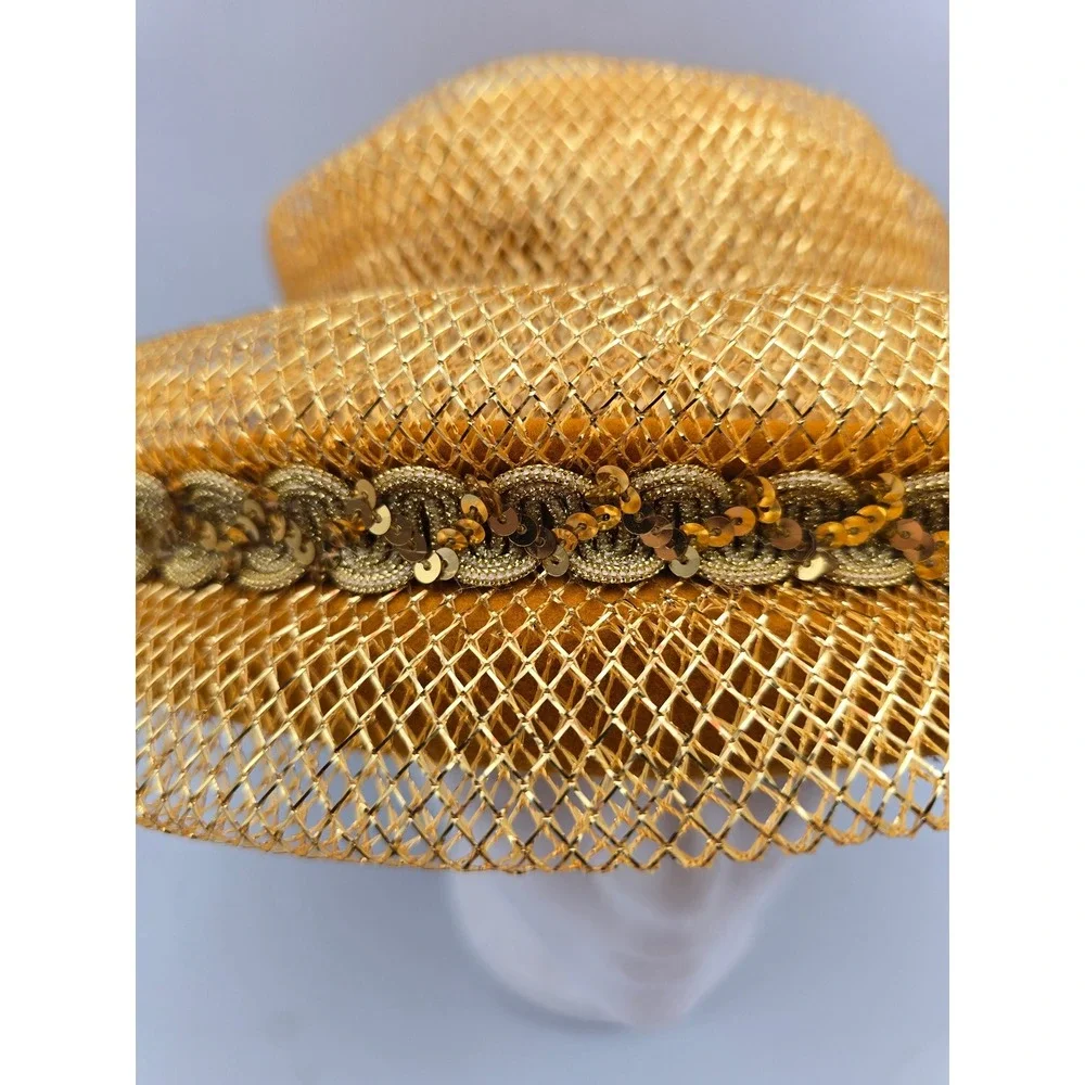 Vintage‎ Pillbox Hat Women OS Mustard Yellow Excellent Gold Mesh Sequin ,Wool